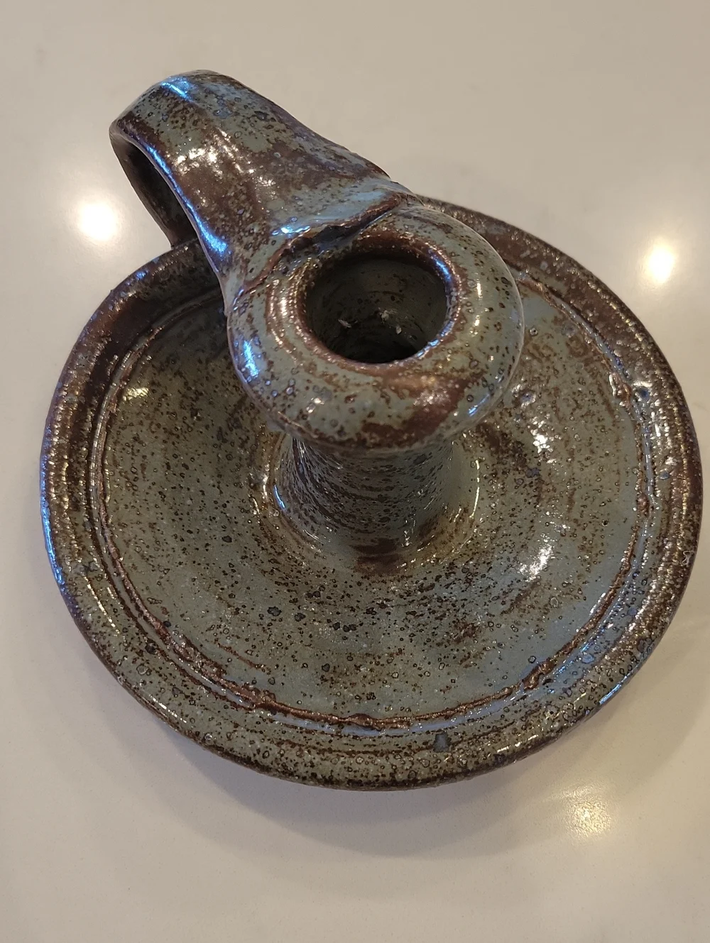 Vintage Hamdmade Speckled Sage Green Ceramic Chamberstick Candle Holder